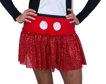 May include: Red sequined skirt with a red waistband and two white circles. The skirt is a fun and festive costume piece.