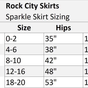 May include: A chart showing the size, hip measurement, and length of Rock City Skirts Sparkle Skirts. Sizes range from X-Small to X-Large, with corresponding hip measurements in inches from 35" to 53" and lengths in inches from 11.5" to 15".