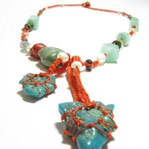 SOLD** macrame necklace, center stones: turquoise+pyrite