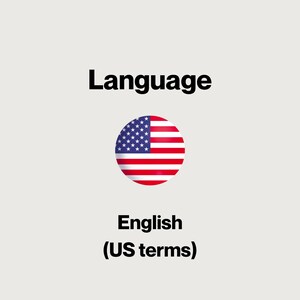May include: A graphic design featuring the word Language in black text at the top, a circular icon displaying the United States flag in the center, and the text English (US terms) in black at the bottom against a light grey background.