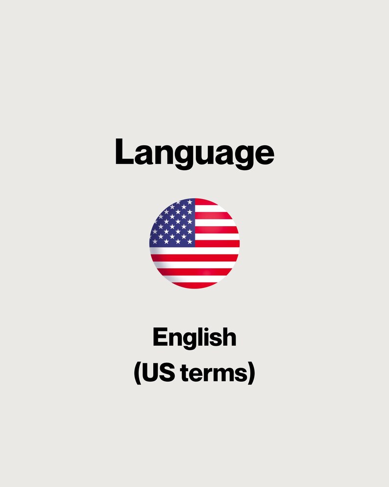 May include: A graphic design featuring the word Language in black text at the top, a circular icon displaying the United States flag in the center, and the text English (US terms) in black at the bottom against a light grey background.