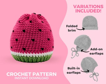 Crochet Watermelon Hat Pattern • Babies and Kids • Modern and minimalist design • Instant download  PDF • Earflaps and ties
