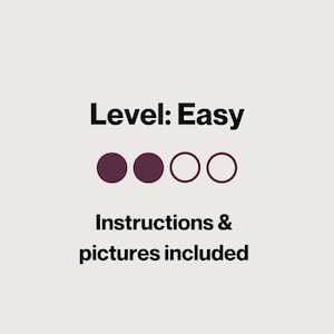 May include: A light grey informational graphic featuring the black text Level: Easy, followed by a row of four circles, two of which are solid dark purple and two of which are outlined in dark purple. Below this, the text Instructions & pictures included.