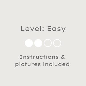 May include: A light gray graphic with the text "Level: Easy" and "Instructions & pictures included". Below the text are three white circles and one outlined circle, indicating the difficulty level.