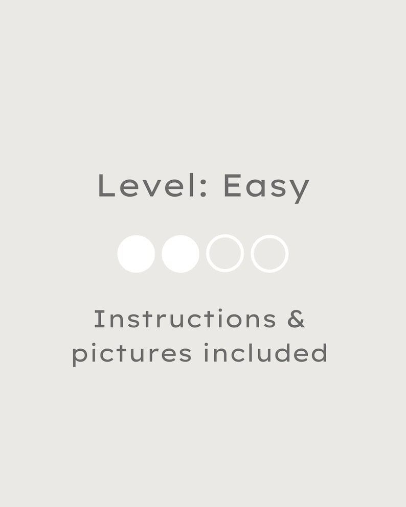 May include: A light gray graphic with the text "Level: Easy" and "Instructions & pictures included". Below the text are three white circles and one outlined circle, indicating the difficulty level.