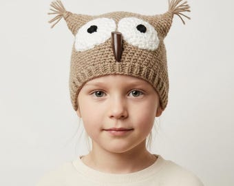 May include: A tan crocheted beanie hat featuring an owl design with two large white circular eye patches, black pupils, a dark brown vertical beak, and two small tufts of yarn at the top corners to resemble owl ears with a ribbed brim.