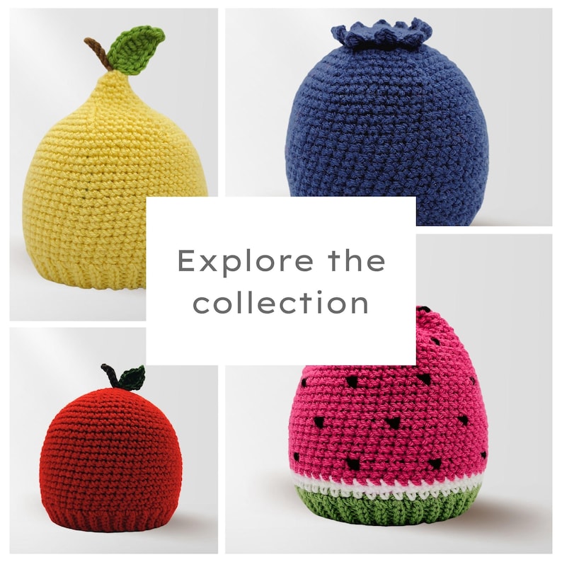 Peut inclure: Une collection de chapeaux en forme de fruits crochet&eacute;s. Les chapeaux comprennent un citron jaune, une myrtille bleue, une pomme rouge et une past&egrave;que rose avec des graines noires. Le texte "Explorez la collection" est au centre.