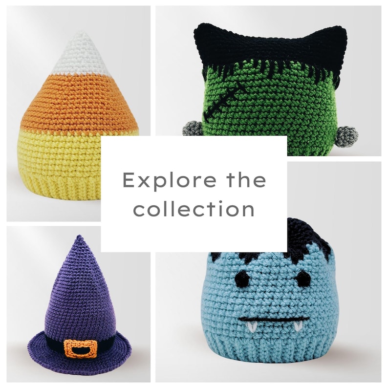 Peut inclure: Une collection de d&eacute;corations d'Halloween faites au crochet. Comprend un bonbon en forme d'&eacute;pi de ma&iuml;s, un monstre de Frankenstein, un chapeau de sorci&egrave;re et un monstre bleu. Le texte "Explorez la collection" est au centre.