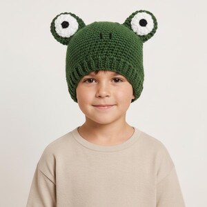 May include: A dark green crocheted beanie featuring two large, protruding frog eyes on top. The eyes are constructed with white yarn circles and black centres. The hat has a ribbed brim and two small black embroidered stitches representing nostrils.