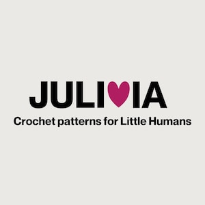 May include: A logo featuring the black text JULIVIA with a magenta heart replacing the letter V. Below the main text, the phrase Crochet patterns for Little Humans is written in black, all set against a plain, light grey background.