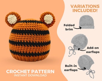 Crochet Tiger Hat Pattern • Babies and Kids • Modern and minimalist design • Instant Download PDF • Sizes Newborn to Child 6-10 years