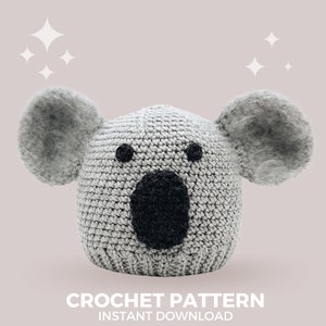 Koala Crochet Hat Pattern - Instant PDF Download, Multiple Sizes from Newborn to Tween