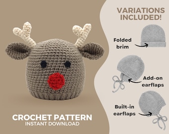 Crochet Reindeer Hat Pattern  • Babies and Kids • Christmas • Modern and minimalist design • Instant download  PDF • Earflaps