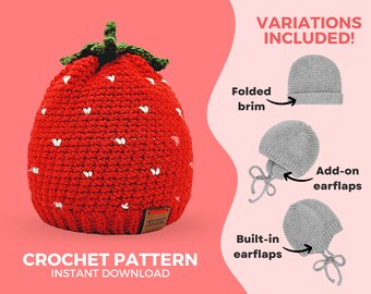 Crochet Strawberry Hat Pattern • Babies and Kids • Modern and minimalist design • Instant download  PDF • Sizes Newborn to Child 6-10 years