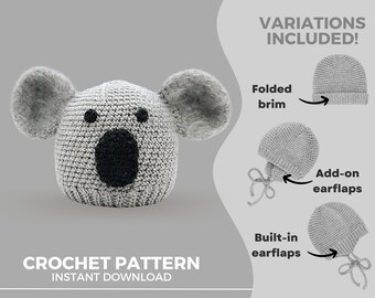 Crochet Koala Hat Pattern • Babies and Kids • Modern and minimalist design • Instant download  PDF • Sizes Newborn to Child 6-10 years