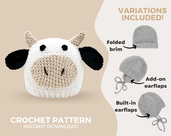 Crochet Cow Hat Pattern • Babies and Kids • Modern and minimalist design • Instant download  PDF • Sizes Newborn to Child 6-10 years