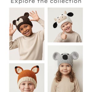 May include: Four children wearing animal-themed knit hats. The hats include a brown bear, a white cow, an orange fox, and a gray koala. The text "Explore the collection" is at the top of the image.