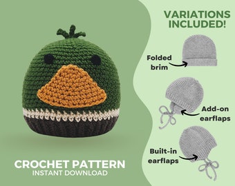 Crochet Duck Hat Pattern • Babies and Kids • Modern and minimalist design • Instant download  PDF • Sizes Newborn to Child 6-10 years