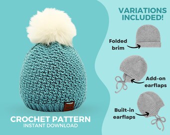 Crochet Life Zest Textured Hat Pattern • Modern and minimalist design • Instant download  PDF • Sizes Newborn to Adult • Earflaps