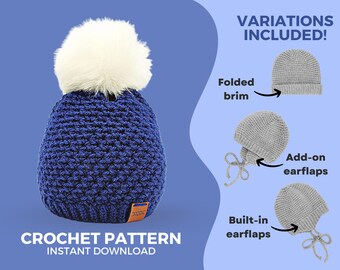Crochet Simply Elegant Textured Hat Pattern • Modern and minimalist design • Instant download  PDF • Sizes Newborn to Adult • Earflaps