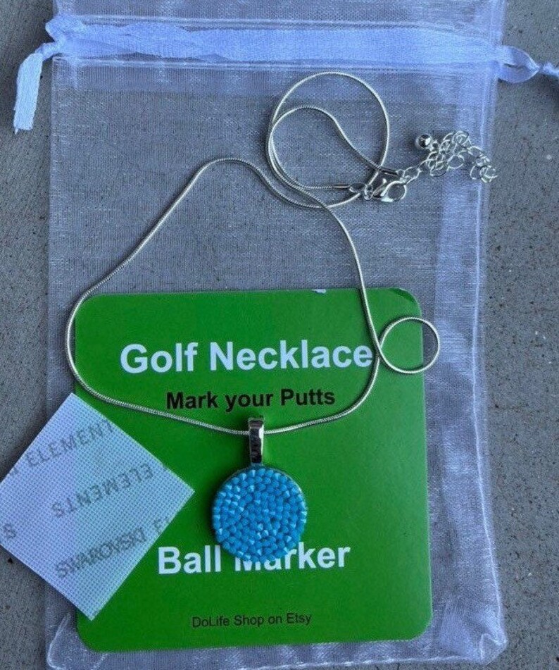 Swarovski Golf Ball Marker Necklace Turquoise Color Functional Golfing Jewelry Mark Putts in
