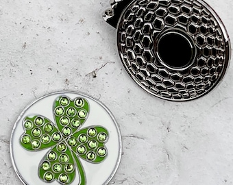 Sparkly Golf Ball Marker 4 Leaf Clover & Hat Clip - Good Luck Putting and Golfing