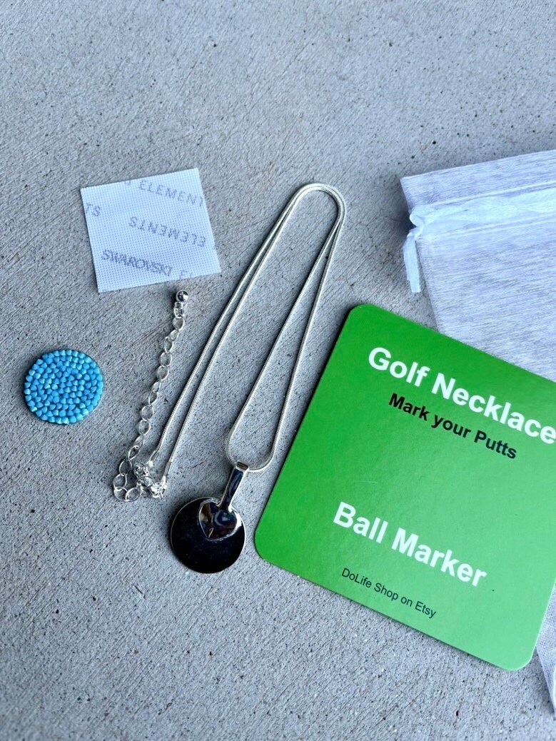 Swarovski Golf Ball Marker Necklace Turquoise Color Functional Golfing