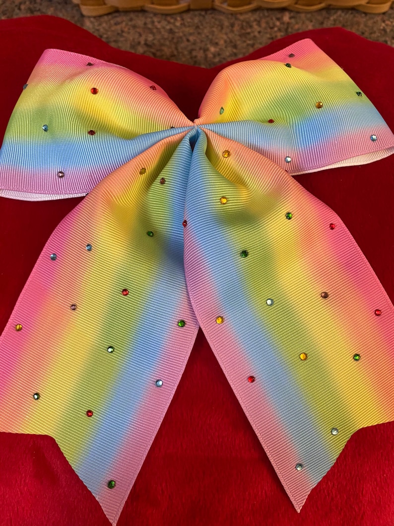 Pastel rhinestone rainbow cheer hair bow