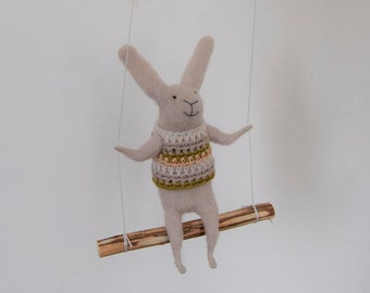 Off White bunny on swing, Felted Animal, Felted Bunny, Bunny Mobile,Baby Crib Mobile, Nursery Decor