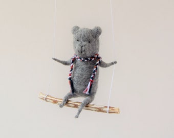 Bear on swing ,Gray Needle Felted Bear, Nursery Decoration, Baby Crib Mobile,  Bear Toy, Baby Mobile