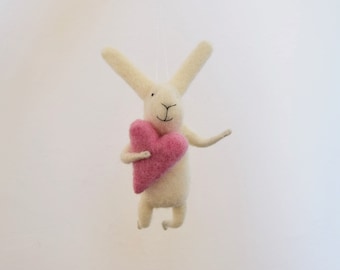 White Needle Felted Bunny Holding Heart, White Bunny Mobile,Needle Feled Miniature, Baby Crib Mobile, Nursery Decor