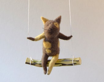 Cat on swing , Taupe Needle Felted Cat, Nursery Decoration, Baby Crib Mobile,  Cat Toy, Baby Mobile