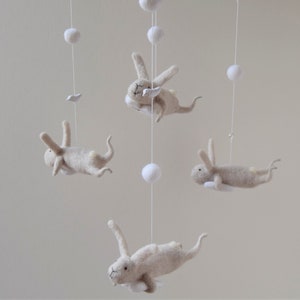 White Bunny Mobile, Nursery Mobile, Baby Mobile, Baby Crib Mobile, Bunny Mobile