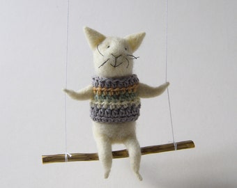 Cat on swing ,Gray Needle Felted Cat, Nursery Decoration, Baby Crib Mobile,  Cat Toy, Baby Mobile