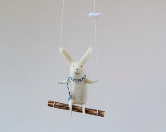 White  Needle Felted Bunny- Needle Felted Nursery Mobile, Bunny Mobile -Baby mobile, White Bunny Mobile, Nursery Decor