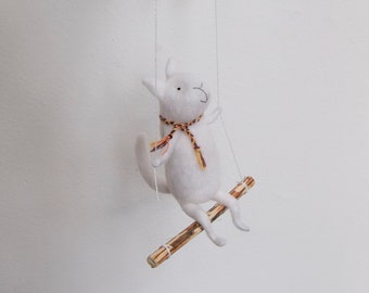 White cat on swing, Felted Animal, Felted Cat, Cat Mobile, Baby Crib Mobile, Nursery Decor