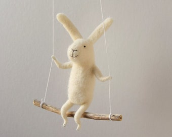 White bunny on swing, Felted Animal, Felted Bunny, Bunny Mobile,Baby Crib Mobile, Nursery Decor