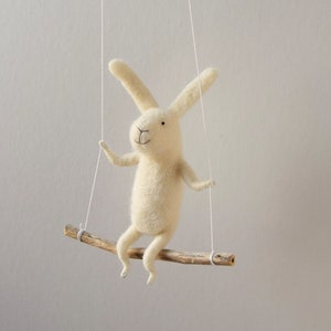 White bunny on swing, Felted Animal, Felted Bunny, Bunny Mobile,Baby Crib Mobile, Nursery Decor