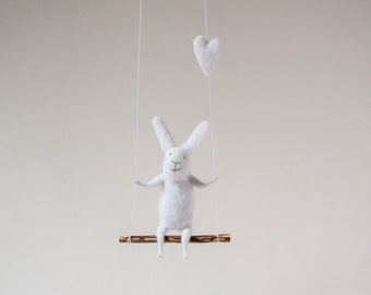 White bunny on swing, Felted Animal, Felted Bunny, Bunny Mobile,Baby Crib Mobile, Nursery Decor