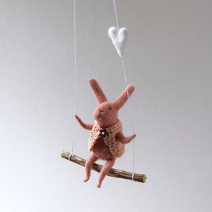 Bunny on swing, Felted Animal, Felted Bunny, Bunny Mobile,Baby Crib Mobile, Nursery Decor