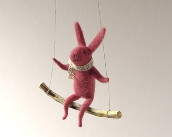 Oldrose Bunny on swing, Felt Animal, Nursery Decoration Pink White Needle Felted Bunny, Hanging Bunny, Baby Mobile