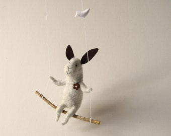 Off White bunny on swing, Felted Animal, Felted Bunny, Bunny Mobile,Baby Crib Mobile, Nursery Decor