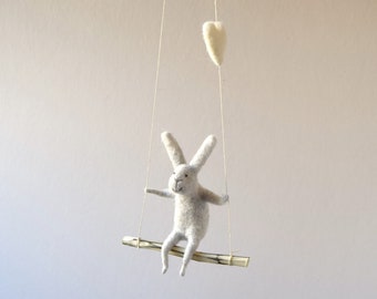 Grey bunny on swing, Felted Animal, Felted Bunny, Bunny Mobile,Baby Crib Mobile, Nursery Decor