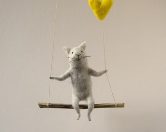 Cat on swing ,Gray Needle Felted Cat, Nursery Decoration, Baby Crib Mobile,  Cat Toy, Baby Mobile