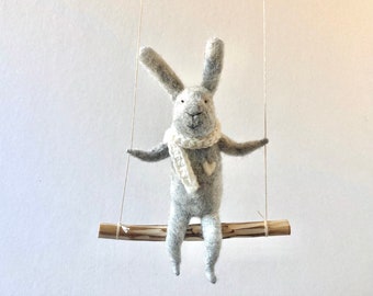 Gray White bunny on swing, Felted Animal, Felted Bunny, Bunny Mobile,Baby Crib Mobile, Nursery Decor