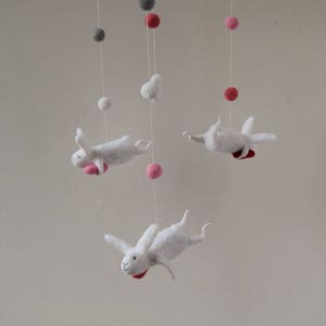 White Pink Gray Nursery Mobile, Baby Mobile, Baby Crib Mobile, Bunny Mobile, White, Pink, Red image 7