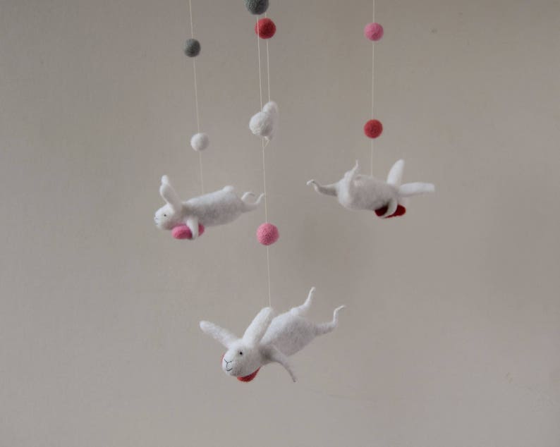 White Pink Gray Nursery Mobile, Baby Mobile, Baby Crib Mobile, Bunny Mobile, White, Pink, Red image 7