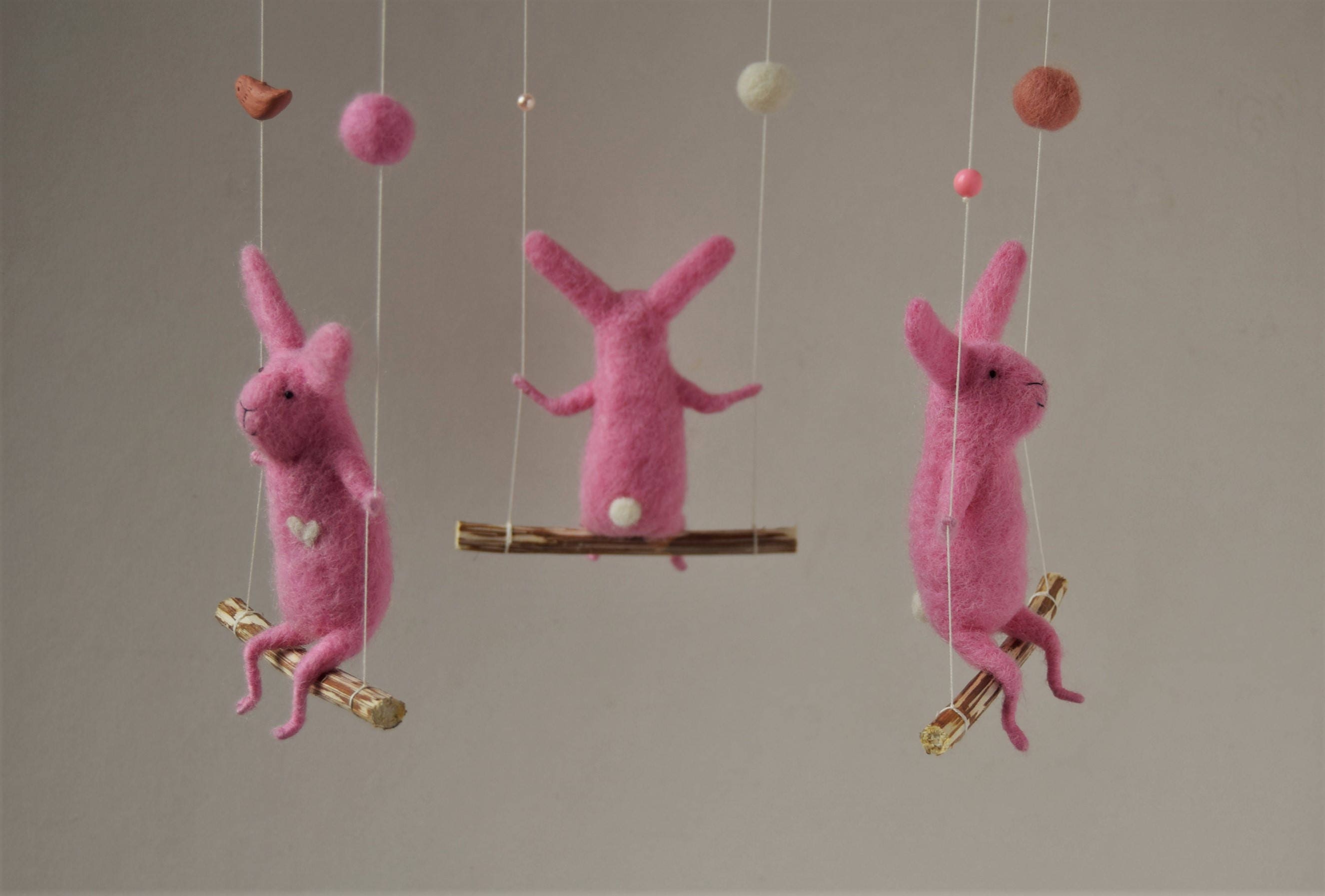 Pink Needle Felted Bunny Mobile, White Bunnies on Swings - Etsy