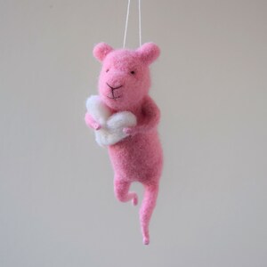 Pink Needle Felted Bear Holding white heart, Bear Mobile,Needle Feled Miniature, Baby Crib Mobile, Nursery Decor image 5