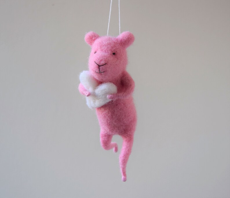 Pink Needle Felted Bear Holding white heart, Bear Mobile,Needle Feled Miniature, Baby Crib Mobile, Nursery Decor image 5